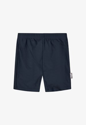Navy blue swim shorts with elastic waistband and small white tag on the right side seam against white background.
