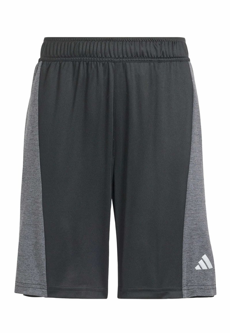 Pantalones cortos deportivos negros con un panel lateral gris, hechos de una tela ligera. Presenta una cinturilla elástica y un pequeño logo blanco en la parte inferior derecha.