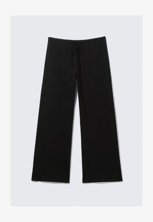 Pantaloni negri cu picior larg dintr-un material moale, având un elastic în talie cu șnur și linii curate. Textură netedă, fără modele.