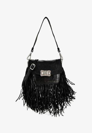 Sac à bandoulière en cuir noir avec des détails à longues franges, boucle argentée et bandoulière réglable.