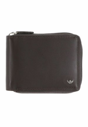 Portefeuille en cuir marron foncé avec fermeture éclair et petit logo métallique ailé en bas à droite.