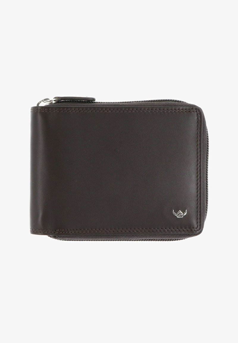 Portefeuille en cuir marron foncé avec fermeture éclair et petit logo métallique ailé en bas à droite.