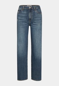 Blå raka denimjeans med lätt blekning och slitningar, framknapp och dragkedja, samt femfickorsdesign.