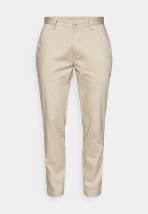 Khaki chino kalhoty s úzkým střihem, rovnými nohavicemi, knoflíkovým zapínáním a jemnými detaily kapes, vyrobené z hladké bavlněné tkaniny.