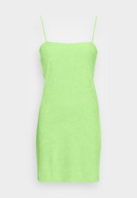 Vestido verde claro, até ao joelho, com finas alças de spaghetti, feito de material macio, apresentando um design simples e ajustado sem padrões.