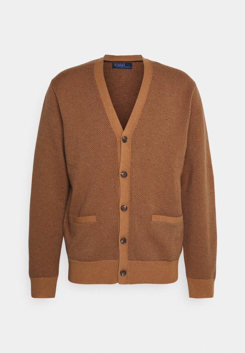 Brauner Strickcardigan mit V-Ausschnitt, Knopfverschluss, zwei Vorderentaschen sowie gerippten Bündchen und Saum.