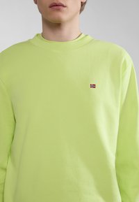Sudadera verde neón con cuello redondo acanalado, que presenta un pequeño logotipo de bandera bordado en el lado izquierdo del pecho. Textura suave y corte relajado.