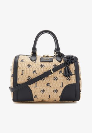 Sac à épaule Joop tissé beige avec poignées en cuir noir, bandoulière, accents aux coins, motif floral et "J" et pompons en cuir décoratifs.