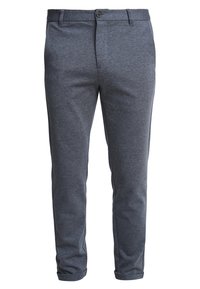 Tummanharmaat slim-fit-housut, joissa on napitus, vyölenkit, etutaskut ja käännetyt lahkeet, esillä valkoista taustaa vasten.