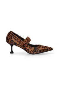 Chaussure à talon haut en imprimé léopard, fabriquée en tissu texturé, avec un nez pointu et un talon noir au design unique. Comprend une bride de cheville.