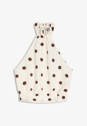 Blouse crème à col halter avec pois marron, encolure froncée et taille élastiquée.
