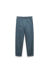 Pantalons légers et résistants à l'eau d'un profond bleu-vert. Ils sont dotés d'une taille élastique, de bas de pantalon effilés et d'une texture lisse et mate.