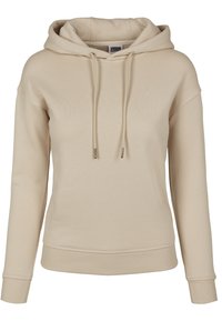 Sweat à capuche beige à manches longues avec cordons à l'avant, poignets et ourlet côtelés, coupe décontractée.