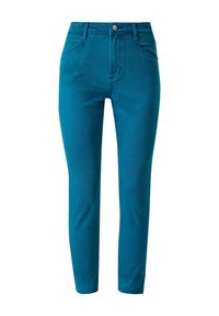 Jean slim fit bleu sarcelle vif avec bouton frontal, fermeture éclair et poches avant, présenté sur un fond blanc.