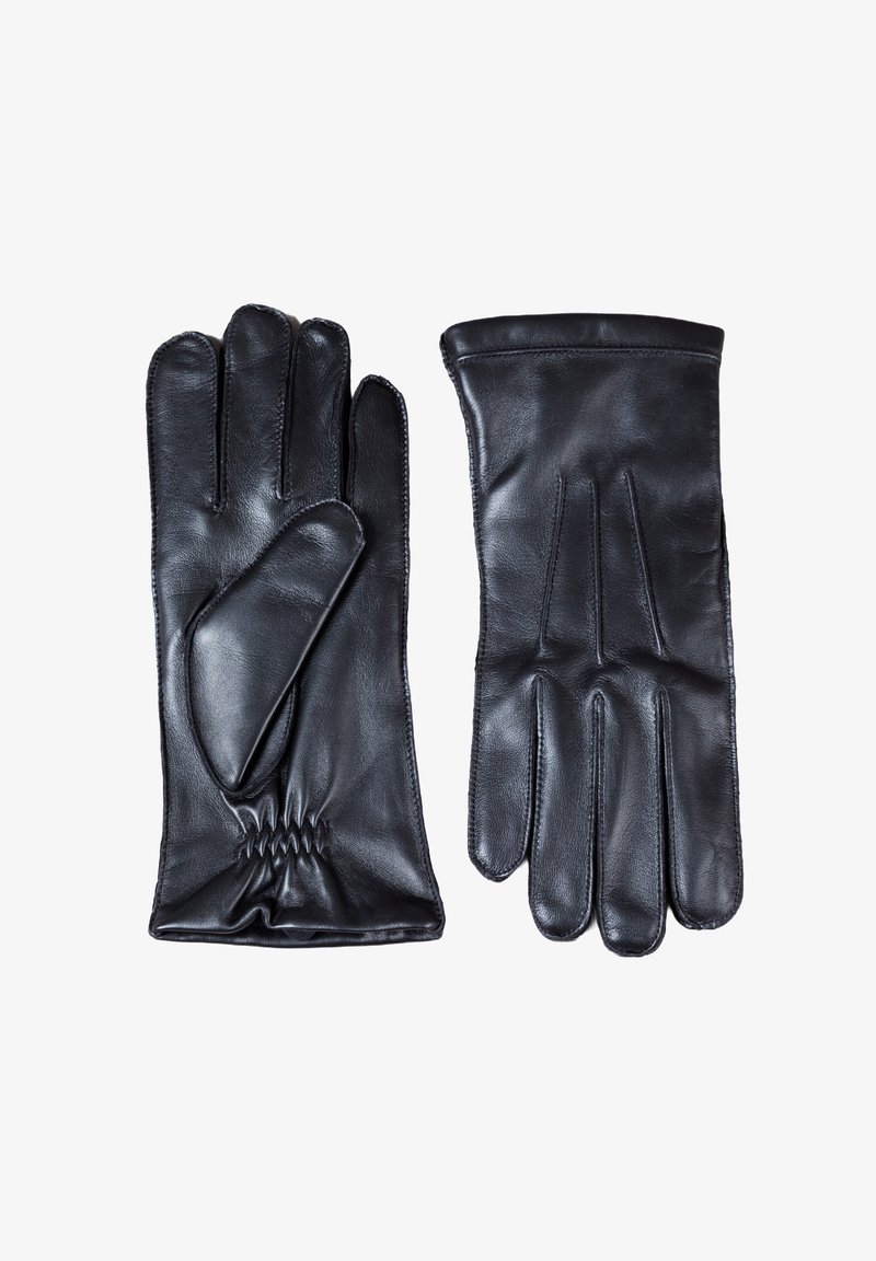Black leather gloves featuring a smooth texture, a fitted design, five fingers, and gathered wrist detail for a snug fit.