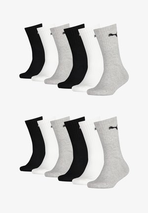 Set aus 12 Socken in Schwarz, Weiß und Grau. Rippendesign mit Logo-Akzent. Hergestellt aus weichem, strukturiertem Material. Standard Crew-Länge.
