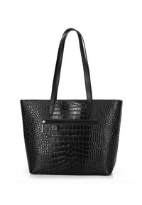 Czarna torba na ramię wykonana z teksturowanej skóry ekologicznej z wzorem krokodylej skóry, z dwiema rączkami i zapinaną na zamek przednią kieszenią.