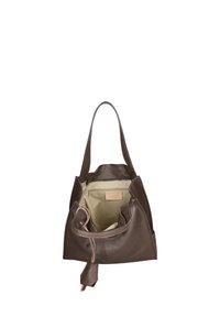Sac fourre-tout en cuir marron foncé avec une seule bandoulière, ouverture supérieure montrant la doublure intérieure beige et une petite poche zippée à l'intérieur.