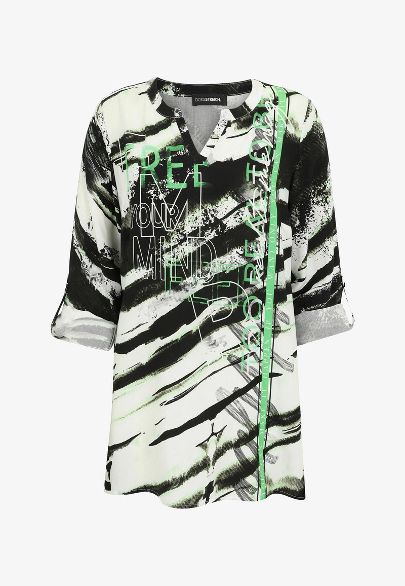 Lightweight blouse featuring a black, white, and green abstract pattern with text, v-neckline, and short rolled sleeves.