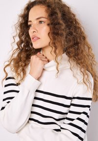 Witte gebreide trui met zwarte horizontale strepen, voorzien van een hoge kraag en geribbelde mouwen. Zachte textuur en casual ontwerp voor comfort.