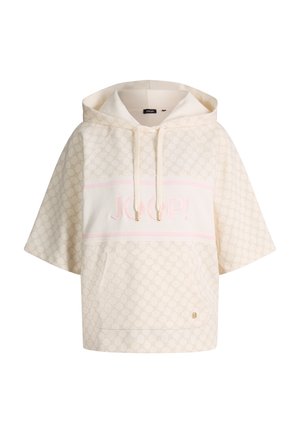 Korte crèmekleurige hoodie met brede mouwen, trekkoordkap, subtiel cirkelpatroon en het "JOOP!"-logo in lichtroze op de borst.