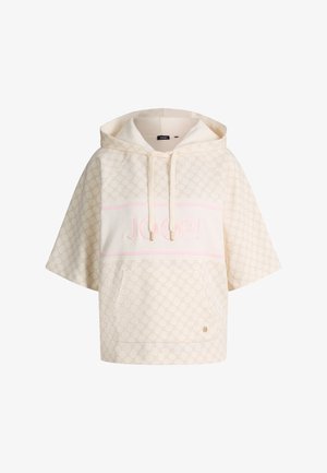 Korte crèmekleurige hoodie met brede mouwen, trekkoordkap, subtiel cirkelpatroon en het "JOOP!"-logo in lichtroze op de borst.