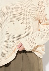 Maglione a maglia color crema con texture a rete e motivi floreali. Presenta polsi e orlo a costine, design leggero e traspirante.
