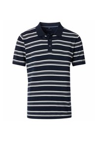 Granatowa koszulka polo w białe poziome paski, z krótkimi rękawami i klasycznym kołnierzykiem. Posiada zapięcie na trzy guziki oraz wykonana jest z miękkiej bawełny.