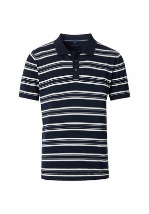 Navyblaues Poloshirt mit weißen horizontalen Streifen, kurzen Ärmeln und klassischem Kragen. Verfügt über eine Drei-Knopfleiste und weiches Baumwollmaterial.