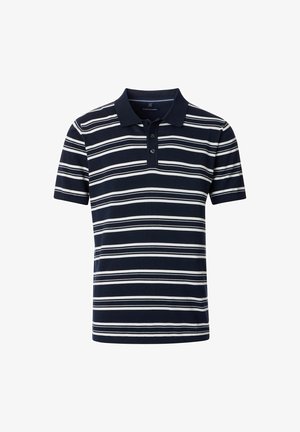 Granatowa koszulka polo w białe poziome paski, z krótkimi rękawami i klasycznym kołnierzykiem. Posiada zapięcie na trzy guziki oraz wykonana jest z miękkiej bawełny.