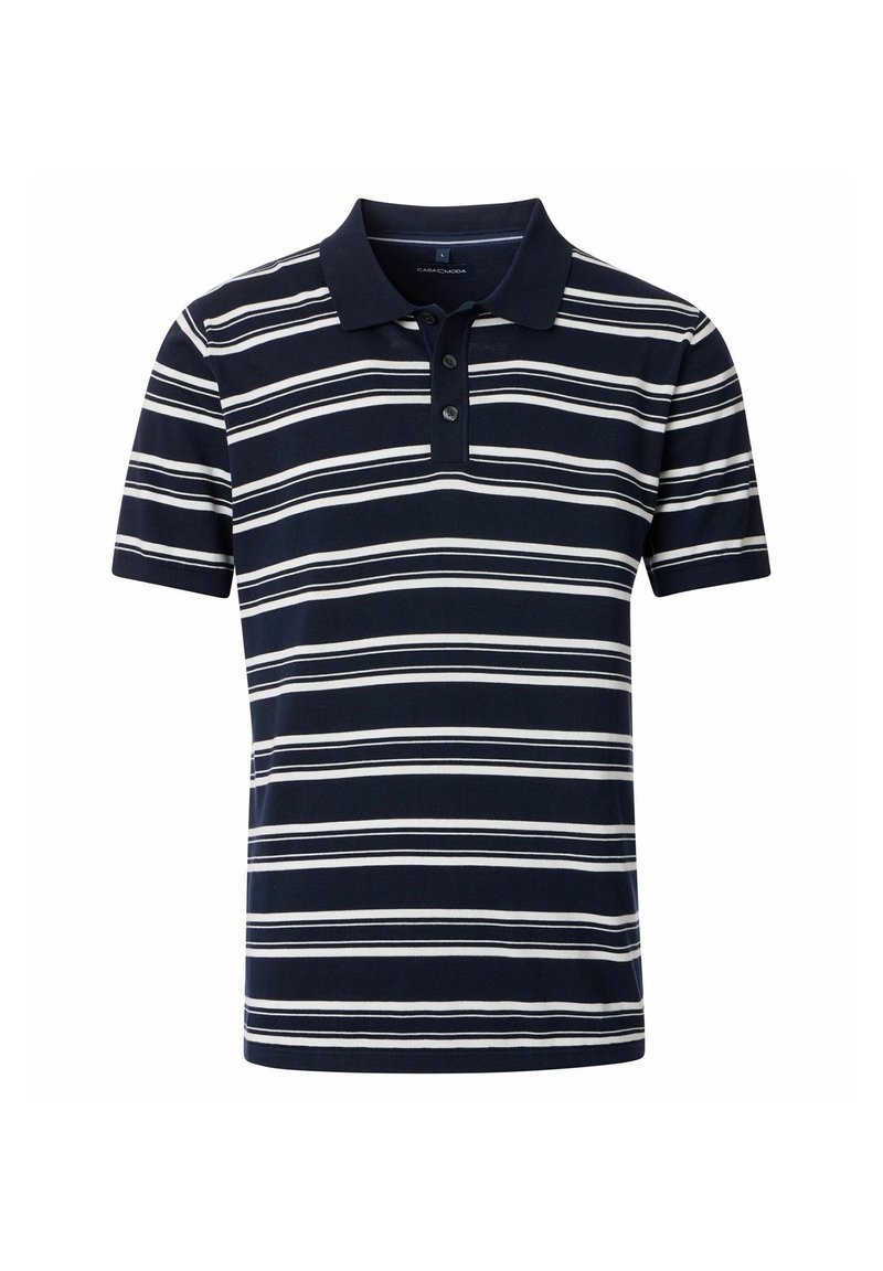 Granatowa koszulka polo w białe poziome paski, z krótkimi rękawami i klasycznym kołnierzykiem. Posiada zapięcie na trzy guziki oraz wykonana jest z miękkiej bawełny.