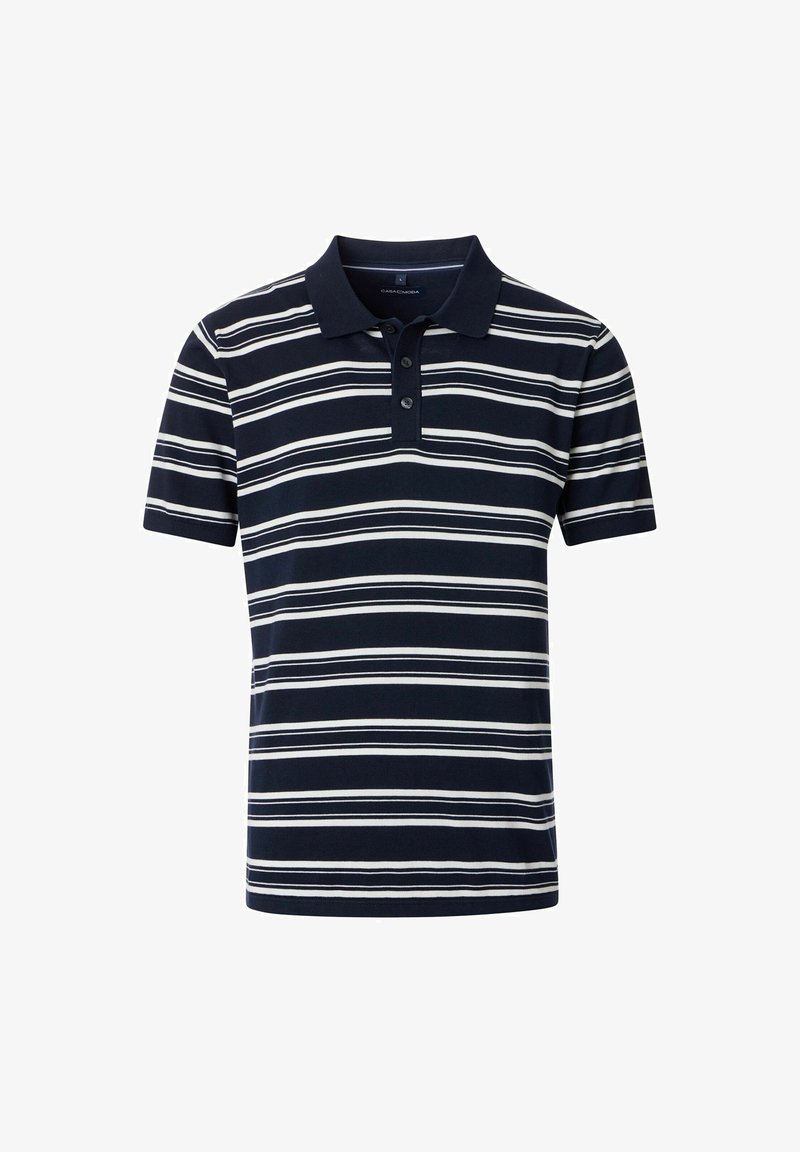 Granatowa koszulka polo w białe poziome paski, z krótkimi rękawami i klasycznym kołnierzykiem. Posiada zapięcie na trzy guziki oraz wykonana jest z miękkiej bawełny.