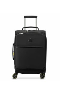 Valise souple noire avec une poignée télescopique, poche avant zippée, quatre roues et accents jaunes sur les roues pour une maniabilité facilitée.