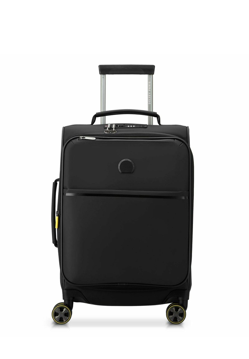Valise souple noire avec une poignée télescopique, poche avant zippée, quatre roues et accents jaunes sur les roues pour une maniabilité facilitée.