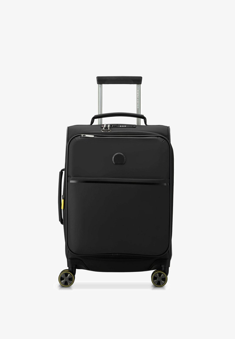 Valise souple noire avec une poignée télescopique, poche avant zippée, quatre roues et accents jaunes sur les roues pour une maniabilité facilitée.