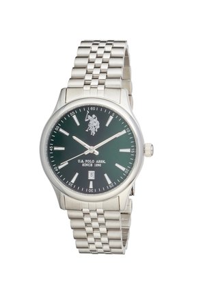 Orologio da polso in metallo argento con quadrante nero, indici e lancette argentate, logo U.S. Polo Assn. e finestra del datario alle sei ore.
