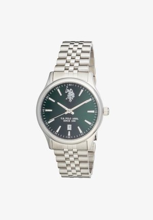 Silver metal wristwatch with black dial, silver hour markers and hands, U.S. Polo Assn. logo, and date window at six o'clock position.