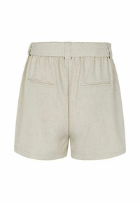 Shorts beige con un tessuto texturizzato, caratterizzati da una ampia vita, retro elastico e due tasche posteriori. Design classico e semplice.
