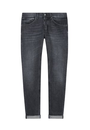 Jeans in denim grigio scuro con vestibilità affusolata, dotati di tasche anteriori, chiusura a bottone e orli arrotolati. Delicati dettagli di lavaggio migliorano la texture.