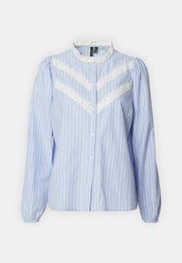 Light blue striped button-up shirt with puffed long sleeves, lace accents on the chest, and a classic round neckline.