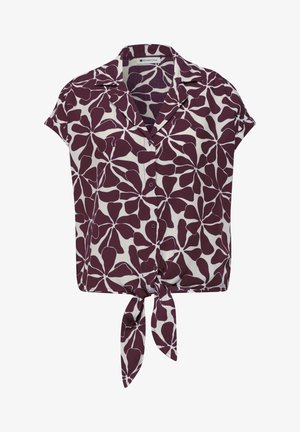 Korte mouwen blouse met knopen, paars abstract bloemmotief en voorstrik aan de zoom, kraag en kapmouwen.