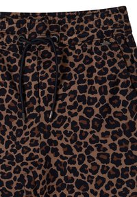Leopard print shorts in brown and black with an elastic waistband and black drawstring with metal tips.