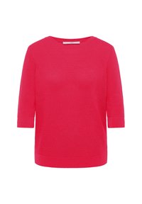 Fuchsia pink knit sweater with a round neckline and three-quarter sleeves, featuring textured fabric and a straight hemline.