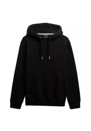 Felpa nera con cappuccio, tasca frontale, coulisse e polsini a costine, mostrata su sfondo bianco.