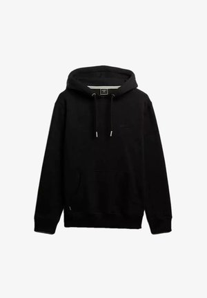 Felpa nera con cappuccio, tasca frontale, coulisse e polsini a costine, mostrata su sfondo bianco.