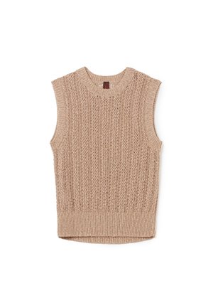 Ärmelloser gestrickter Pullover in Beige, mit einem gerippten Halsausschnitt und Saum, der ein strukturiertes Muster und ein offenes Gewebedesign aufweist.