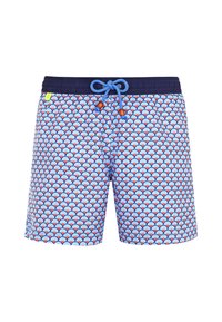 Shorts de bain avec un motif en coquillage bleu et blanc, dotés d'une taille élastique bleu marine, d'un cordon de serrage et d'accents en bois.