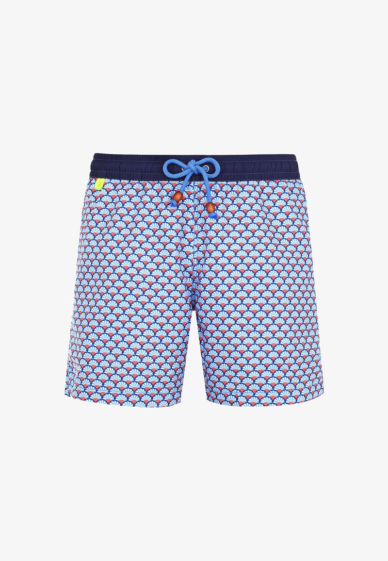 Shorts de bain avec un motif en coquillage bleu et blanc, dotés d'une taille élastique bleu marine, d'un cordon de serrage et d'accents en bois.