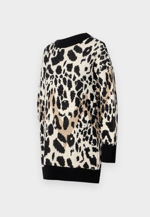 Leoparda raksta džemperis neitrālos melnā, bēšā un krēmkrāsas toņos. Tam ir apaļa kakla izgriezums un ribota melna aproce un apakšmala.