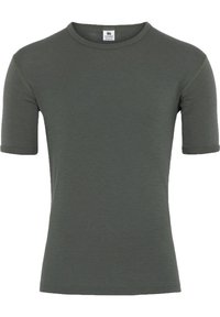 Kortærmet T-shirt i olivengrøn, lavet af letvægtsmateriale, med rund halsudskæring og subtil tekstur uden mønstre eller accenter.